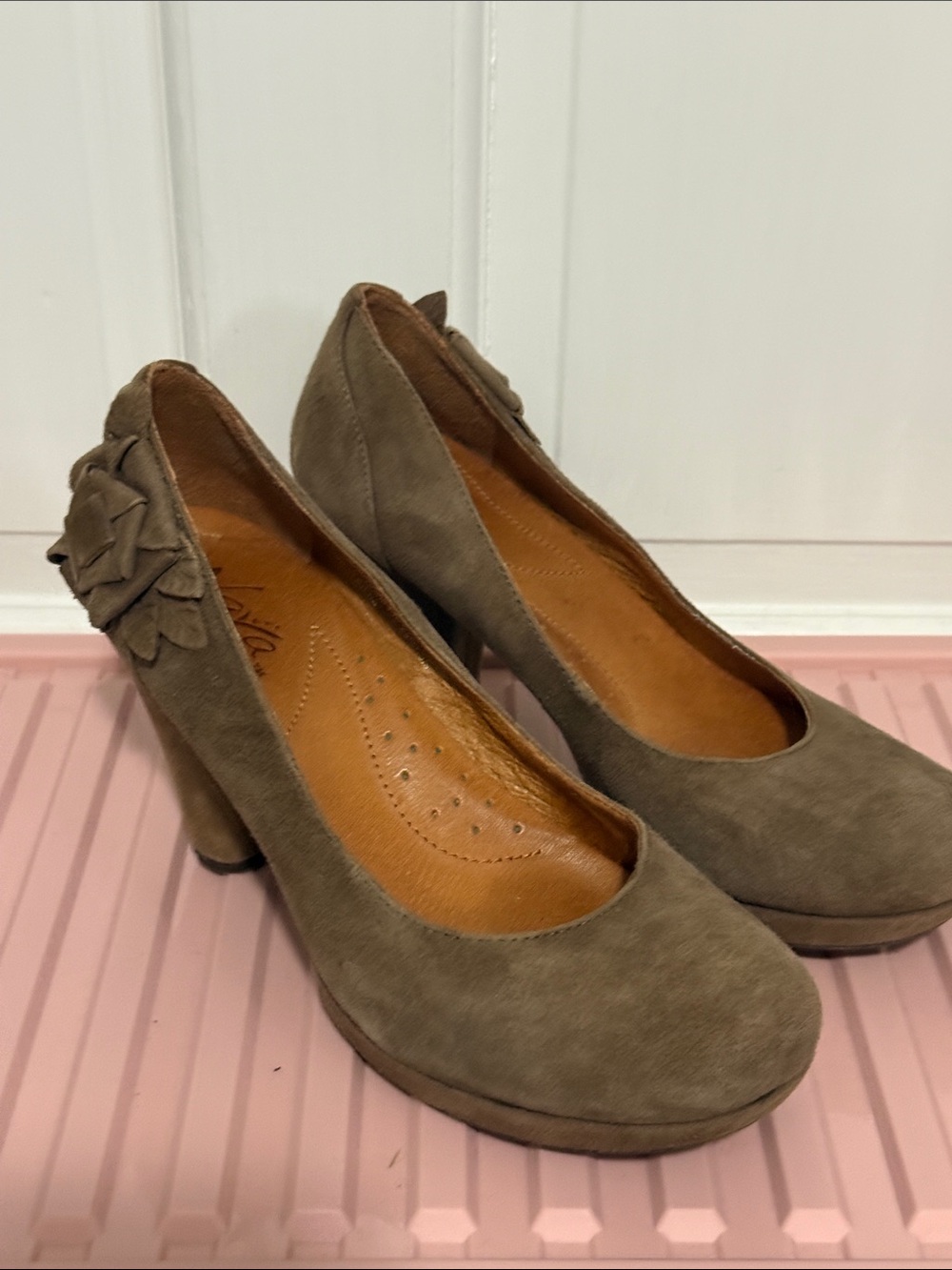 Naya Taupe Suede Round-Toe Heels with Floral Heel Detail